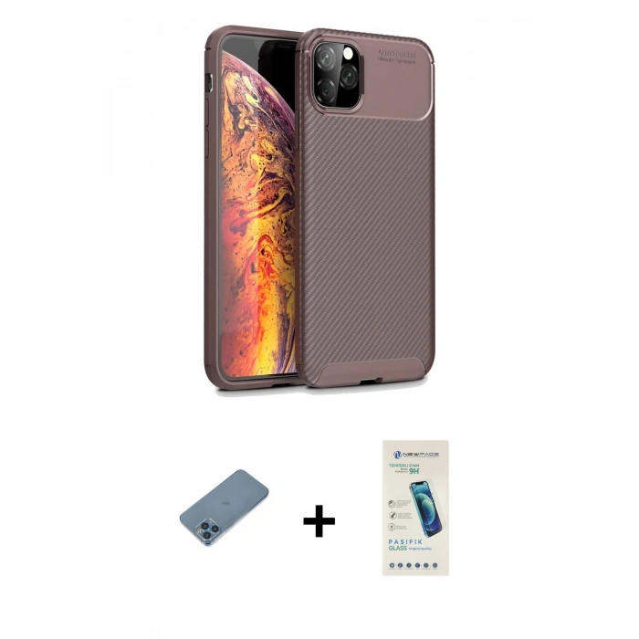MARSİLYAN™- iPhone 11 Pro Kılıf Eksen Form Prime - Şeffaf Pasifik Cam Ekran Koruyucu + Mavi Shine Kamera Lens Koruma Cam