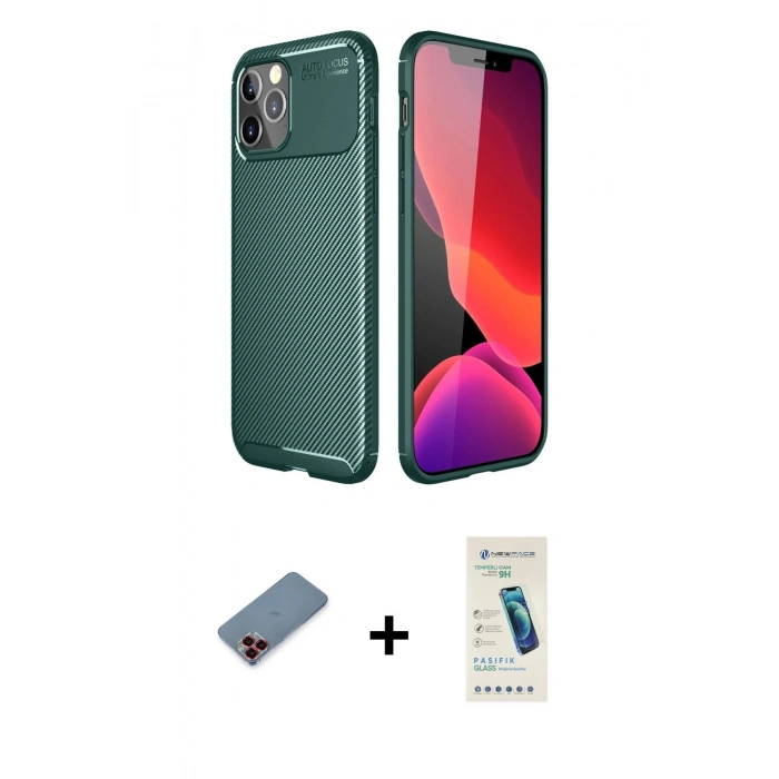 MARSİLYAN™- iPhone 11 Pro Kılıf Eksen Form Prime - Şeffaf Pasifik Cam Ekran Koruyucu + Metal Kamera Lens Koruma Cam - KI
