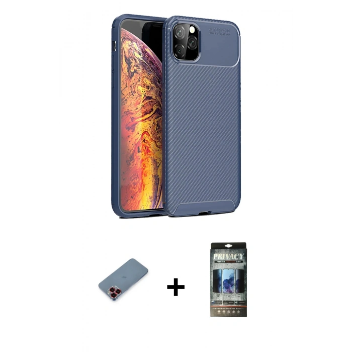 MARSİLYAN™- iPhone 11 Pro Kılıf Eksen Form Prime - Siyah 34D Hayalet Izgaralı Cam + Metal Kamera Lens Koruma Cam - KI