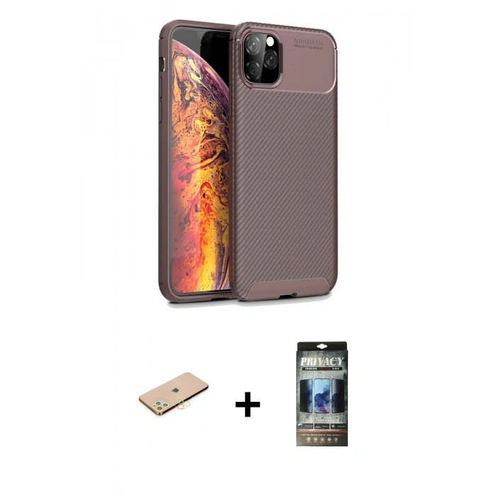 MARSİLYAN™- iPhone 11 Pro Kılıf Eksen Form Prime - Siyah 34D Hayalet Izgaralı Cam + Renkli Kamera Lens Koruma Cam - PE