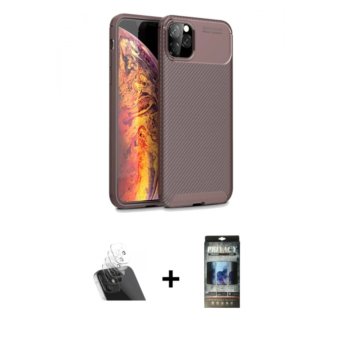 MARSİLYAN™- iPhone 11 Pro Kılıf Eksen Form Prime - Siyah 34D Hayalet Izgaralı Cam + Kamera Lens Koruma Cam - SF