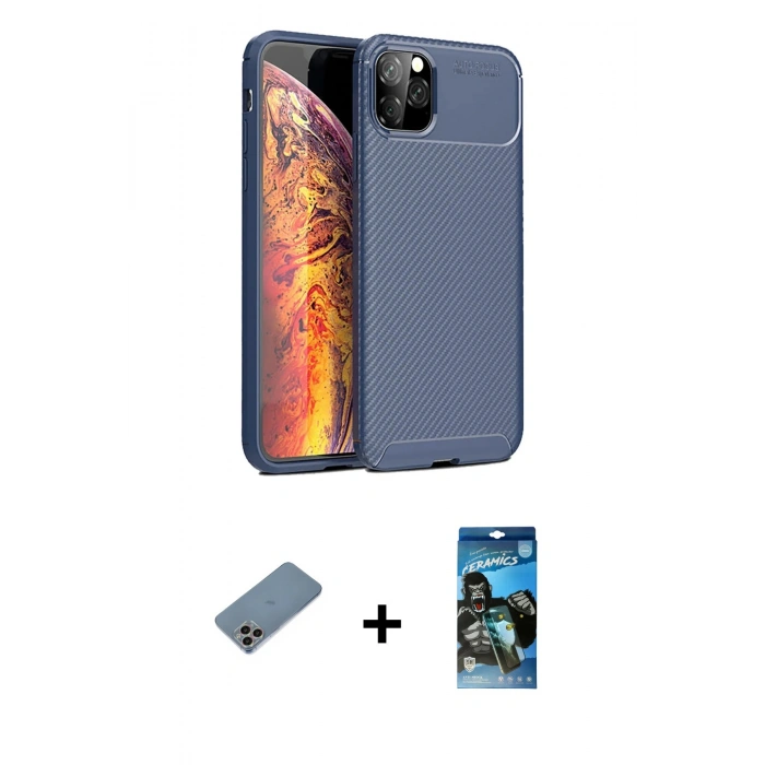 MARSİLYAN™- iPhone 11 Pro Kılıf Eksen Form Prime - Siyah 34D Izgaralı Cam + Shine Kamera Lens Koruma Cam - GI