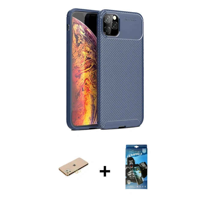 MARSİLYAN™- iPhone 11 Pro Kılıf Eksen Form Prime - Siyah 34D Izgaralı Cam + Renkli Kamera Lens Koruma Cam - PE