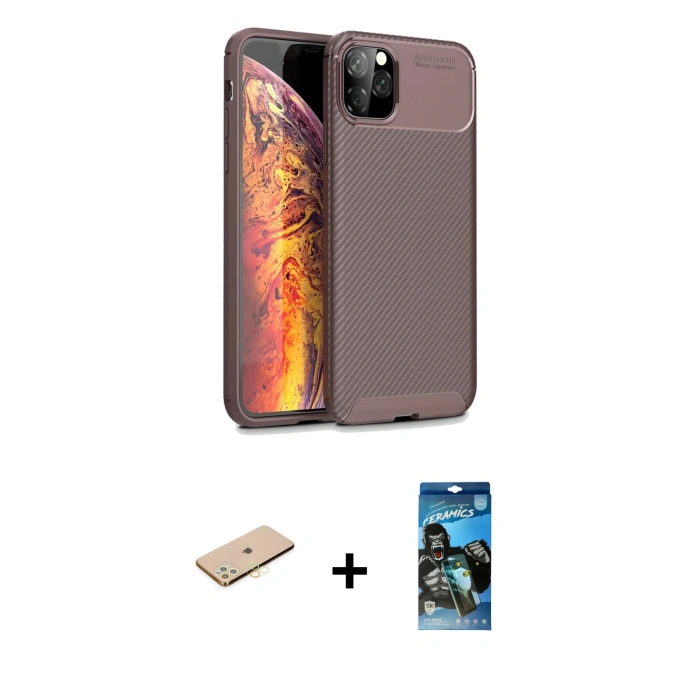 MARSİLYAN™- iPhone 11 Pro Kılıf Eksen Form Prime - Siyah 34D Izgaralı Cam + Renkli Kamera Lens Koruma Cam - PE