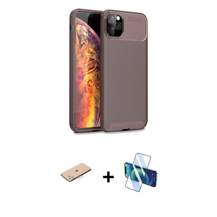MARSİLYAN™- iPhone 11 Pro Kılıf Eksen Form Prime - Siyah 3D Antistatik Cam Ekran Koruyucu + Renkli Kamera Lens Koruma Cam - MI