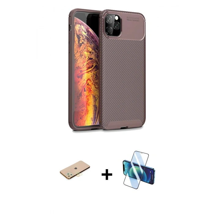 MARSİLYAN™- iPhone 11 Pro Kılıf Eksen Form Prime - Siyah 3D Antistatik Cam Ekran Koruyucu + Renkli Kamera Lens Koruma Cam - SI