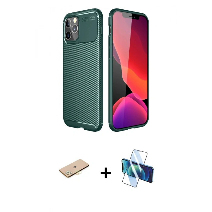 MARSİLYAN™- iPhone 11 Pro Kılıf Eksen Form Prime - Siyah 3D Antistatik Cam Ekran Koruyucu + Renkli Kamera Lens Koruma Cam - SI