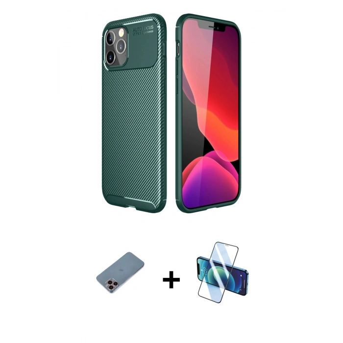 MARSİLYAN™- iPhone 11 Pro Kılıf Eksen Form Prime - Siyah 3D Antistatik Cam Ekran Koruyucu + Shine Kamera Lens Koruma Cam - PE
