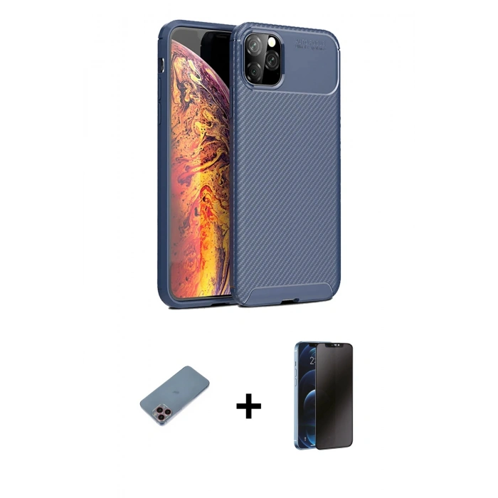 MARSİLYAN™- iPhone 11 Pro Kılıf Eksen Form Prime - Siyah 3D Antistatik Hayalet Cam Ekran Koruyucu + Shine Kamera Lens Koruma Cam - PE