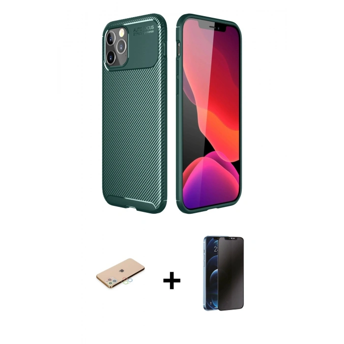 MARSİLYAN™- iPhone 11 Pro Kılıf Eksen Form Prime - Siyah 3D Antistatik Hayalet Cam Ekran Koruyucu + Renkli Kamera Lens Koruma Cam - MI