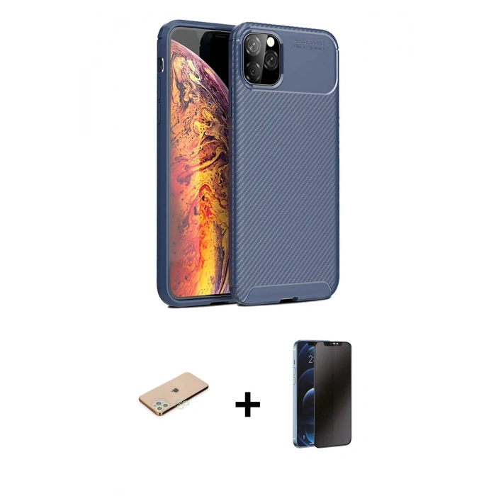 MARSİLYAN™- iPhone 11 Pro Kılıf Eksen Form Prime - Siyah 3D Antistatik Hayalet Cam Ekran Koruyucu + Renkli Kamera Lens Koruma Cam - YL