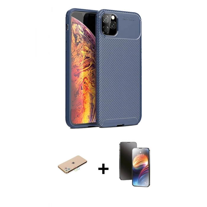 MARSİLYAN™- iPhone 11 Pro Kılıf Eksen Form Prime - Siyah 3D Antistatik Mat Seramik Nano Ekran Koruyucu + Renkli Kamera Lens Koruma Cam - MI
