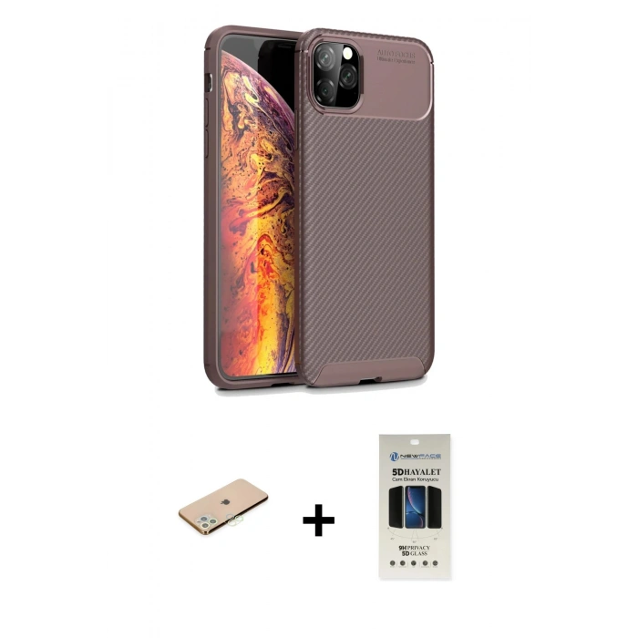 MARSİLYAN™- iPhone 11 Pro Kılıf Eksen Form Prime - Siyah 5D Hayalet Cam Ekran Koruyucu + Renkli Kamera Lens Koruma Cam - YL