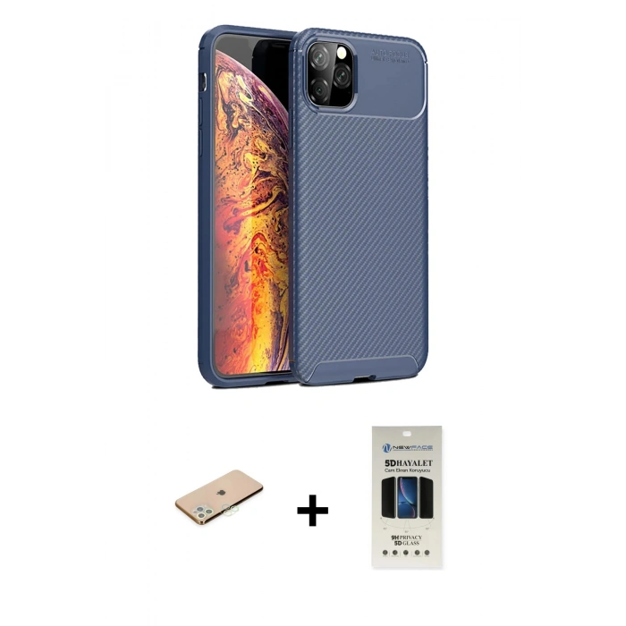 MARSİLYAN™- iPhone 11 Pro Kılıf Eksen Form Prime - Siyah 5D Hayalet Cam Ekran Koruyucu + Renkli Kamera Lens Koruma Cam - YL