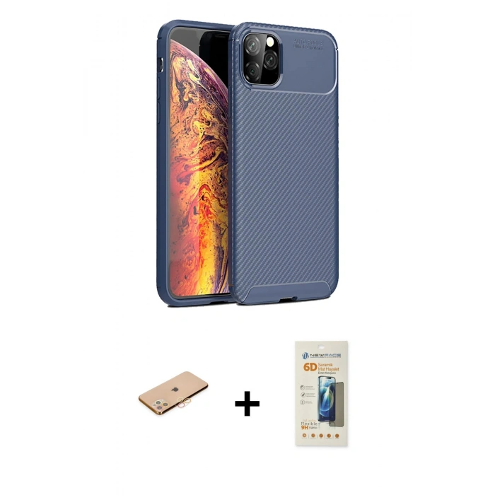 MARSİLYAN™- iPhone 11 Pro Kılıf Eksen Form Prime - Siyah 6D Mat Seramik Hayalet Nano Ekran Koruyucu + Renkli Kamera Lens Koruma Cam - TU