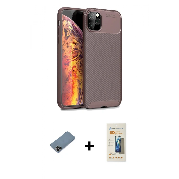 MARSİLYAN™- iPhone 11 Pro Kılıf Eksen Form Prime - Siyah 6D Mat Seramik Hayalet Nano Ekran Koruyucu + Siyah Shine Kamera Lens Koruma Cam
