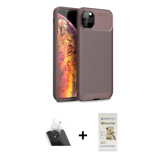 MARSİLYAN™- iPhone 11 Pro Kılıf Eksen Form Prime - Siyah Mat Seramik Nano Ekran Koruyucu + Kamera Lens Koruma Cam - SF
