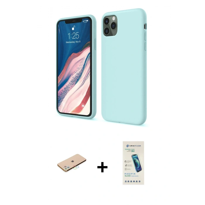 MARSİLYAN™- iPhone 11 Pro Kılıf Kozmos Yansıma Özel Seri - Şeffaf Pasifik Cam Ekran Koruyucu + Mavi Renkli Kamera Lens Koruma Cam