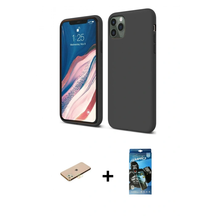 MARSİLYAN™- iPhone 11 Pro Kılıf Kozmos Yansıma Özel Seri - Siyah 34D Izgaralı Cam + Renkli Kamera Lens Koruma Cam - SI