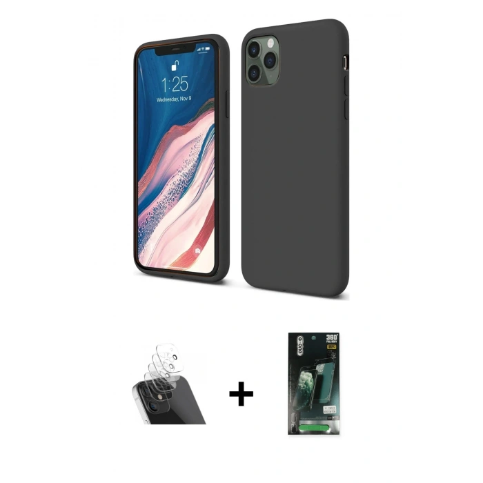 MARSİLYAN™- iPhone 11 Pro Kılıf Kozmos Yansıma Özel Seri - Siyah 360 Mat Full Body Arka Koruyucu + Kamera Lens Koruma Cam - SF