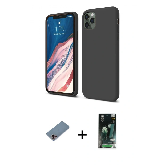 MARSİLYAN™- iPhone 11 Pro Kılıf Kozmos Yansıma Özel Seri - Siyah 360 Mat Full Body Arka Koruyucu + Shine Kamera Lens Koruma Cam - PE