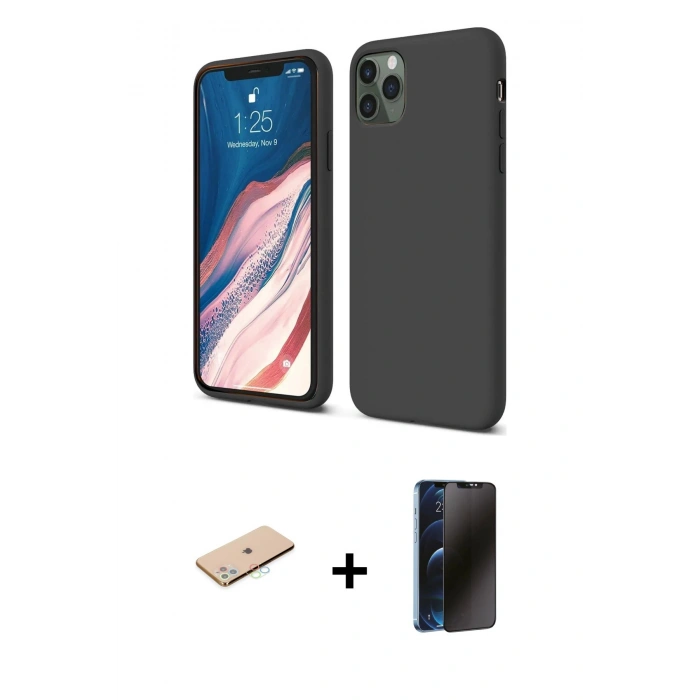 MARSİLYAN™- iPhone 11 Pro Kılıf Kozmos Yansıma Özel Seri - Siyah 3D Antistatik Hayalet Cam Ekran Koruyucu + Renkli Kamera Lens Koruma Cam - MI
