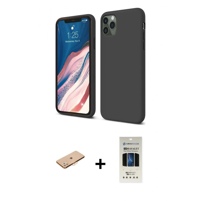 MARSİLYAN™- iPhone 11 Pro Kılıf Kozmos Yansıma Özel Seri - Siyah 5D Hayalet Cam Ekran Koruyucu + Renkli Kamera Lens Koruma Cam - TU