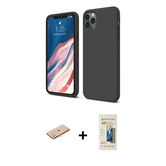 MARSİLYAN™- iPhone 11 Pro Kılıf Kozmos Yansıma Özel Seri - Siyah 6D Mat Seramik Hayalet Nano Ekran Koruyucu + Renkli Kamera Lens Koruma Cam - PE