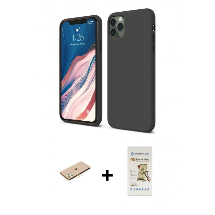 MARSİLYAN™- iPhone 11 Pro Kılıf Kozmos Yansıma Özel Seri - Siyah Mat Seramik Nano Ekran Koruyucu + Renkli Kamera Lens Koruma Cam - SI