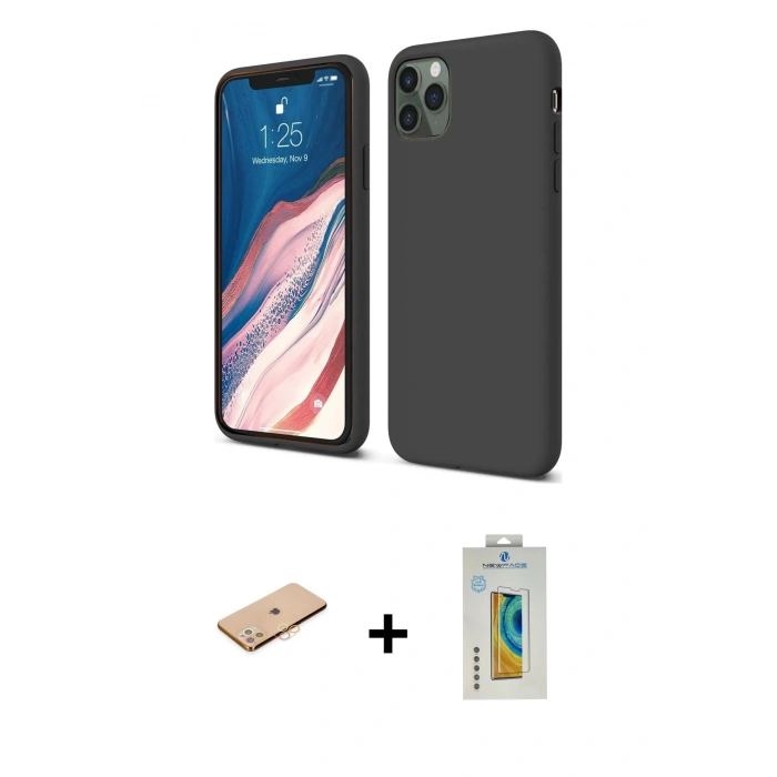 MARSİLYAN™- iPhone 11 Pro Kılıf Kozmos Yansıma Özel Seri - Siyah Polymer Nano Ekran Koruyucu + Renkli Kamera Lens Koruma Cam - TU