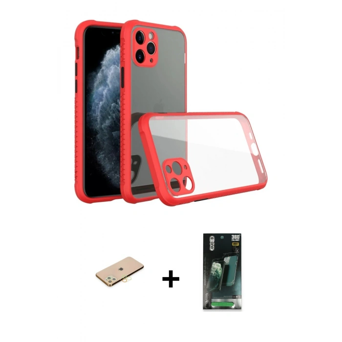 MARSİLYAN™- iPhone 11 Pro Kılıf Nova Asil Özel Seri - Şeffaf 360 Full Body Arka Koruyucu + Sarı Renkli Kamera Lens Koruma Cam