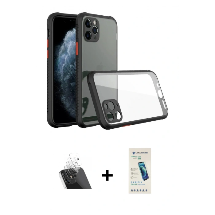 MARSİLYAN™- iPhone 11 Pro Kılıf Nova Asil Özel Seri - Şeffaf Pasifik Cam Ekran Koruyucu + Kamera Lens Koruma Cam - SF
