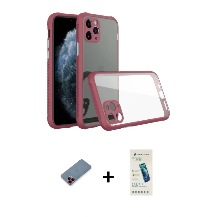 MARSİLYAN™- iPhone 11 Pro Kılıf Nova Asil Özel Seri - Şeffaf Pasifik Cam Ekran Koruyucu + Metal Kamera Lens Koruma Cam - KI