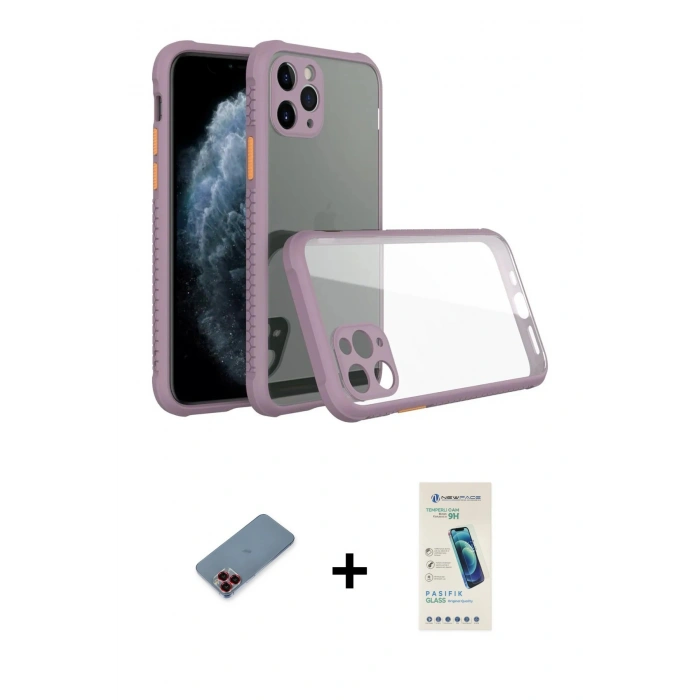 MARSİLYAN™- iPhone 11 Pro Kılıf Nova Asil Özel Seri - Şeffaf Pasifik Cam Ekran Koruyucu + Metal Kamera Lens Koruma Cam - KI