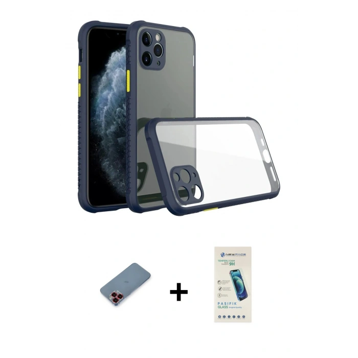 MARSİLYAN™- iPhone 11 Pro Kılıf Nova Asil Özel Seri - Şeffaf Pasifik Cam Ekran Koruyucu + Metal Kamera Lens Koruma Cam - KI
