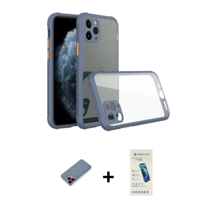 MARSİLYAN™- iPhone 11 Pro Kılıf Nova Asil Özel Seri - Şeffaf Pasifik Cam Ekran Koruyucu + Metal Kamera Lens Koruma Cam - KI