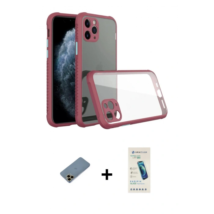 MARSİLYAN™- iPhone 11 Pro Kılıf Nova Asil Özel Seri - Şeffaf Pasifik Cam Ekran Koruyucu + Shine Kamera Lens Koruma Cam - GD
