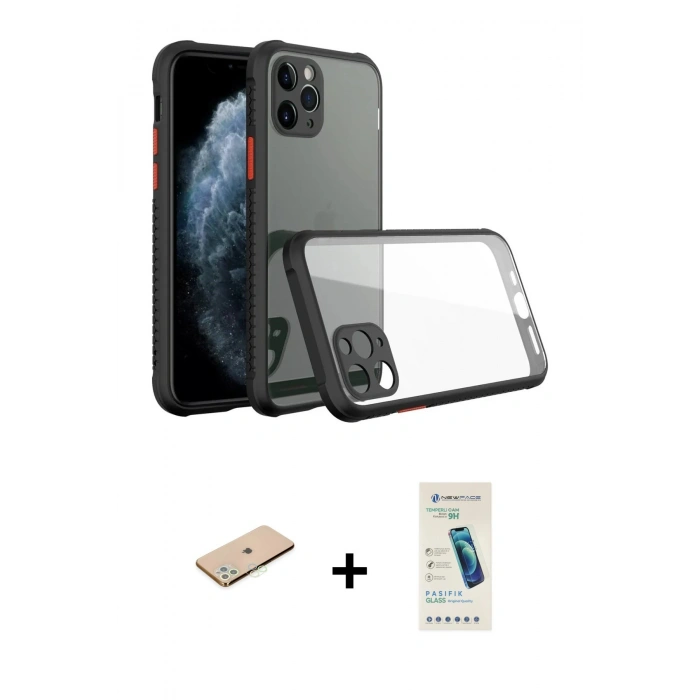 MARSİLYAN™- iPhone 11 Pro Kılıf Nova Asil Özel Seri - Şeffaf Pasifik Cam Ekran Koruyucu + Renkli Kamera Lens Koruma Cam - YL