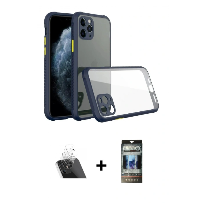 MARSİLYAN™- iPhone 11 Pro Kılıf Nova Asil Özel Seri - Siyah 34D Hayalet Izgaralı Cam + Kamera Lens Koruma Cam - SF
