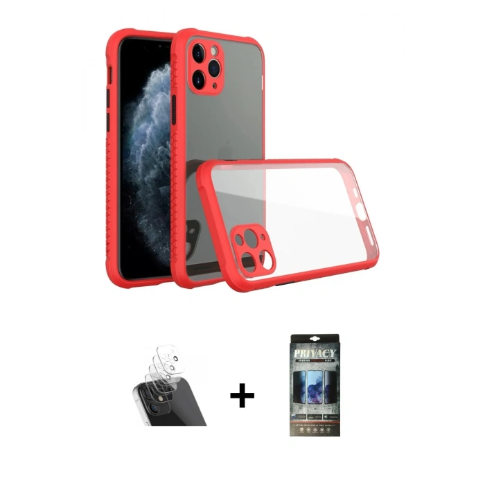 MARSİLYAN™- iPhone 11 Pro Kılıf Nova Asil Özel Seri - Siyah 34D Hayalet Izgaralı Cam + Kamera Lens Koruma Cam - SF