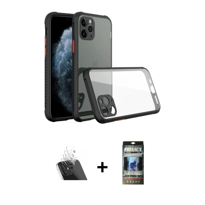 MARSİLYAN™- iPhone 11 Pro Kılıf Nova Asil Özel Seri - Siyah 34D Hayalet Izgaralı Cam + Kamera Lens Koruma Cam - SF
