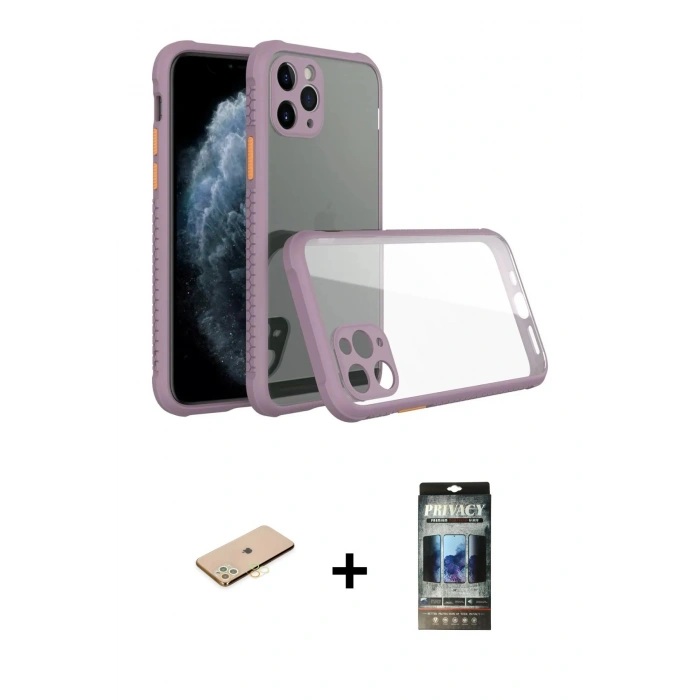 MARSİLYAN™- iPhone 11 Pro Kılıf Nova Asil Özel Seri - Siyah 34D Hayalet Izgaralı Cam + Renkli Kamera Lens Koruma Cam - SI