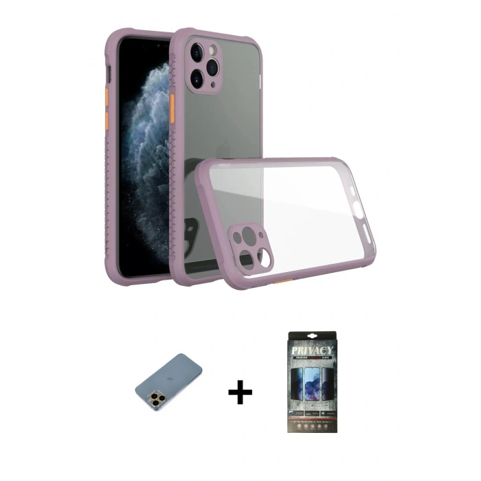 MARSİLYAN™- iPhone 11 Pro Kılıf Nova Asil Özel Seri - Siyah 34D Hayalet Izgaralı Cam + Shine Kamera Lens Koruma Cam - GD