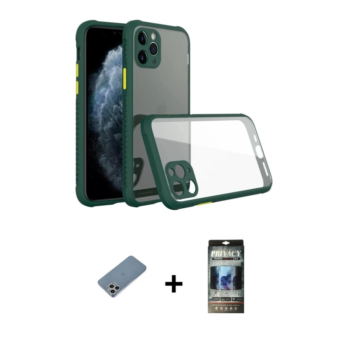 MARSİLYAN™- iPhone 11 Pro Kılıf Nova Asil Özel Seri - Siyah 34D Hayalet Izgaralı Cam + Shine Kamera Lens Koruma Cam - GS