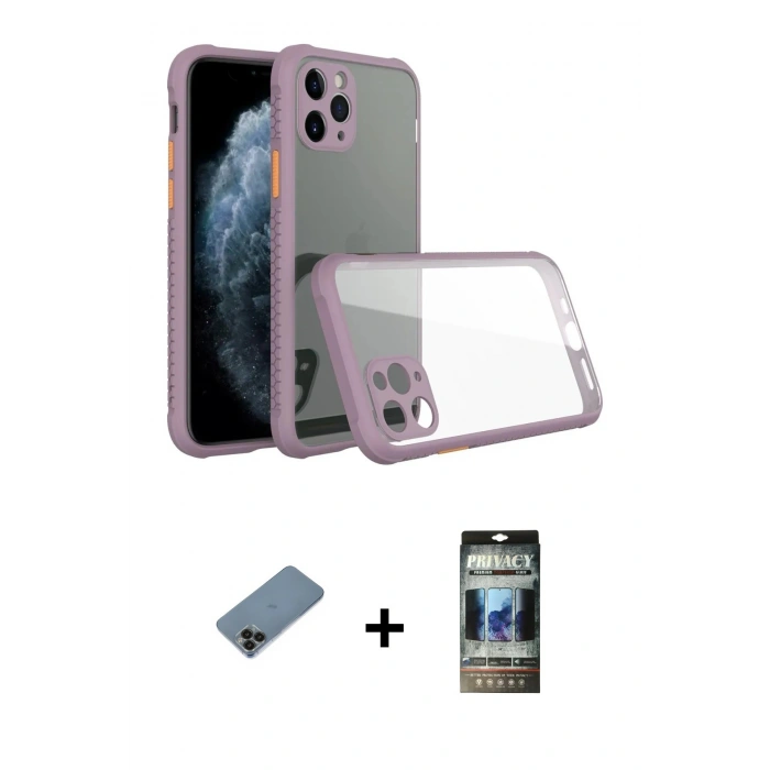 MARSİLYAN™- iPhone 11 Pro Kılıf Nova Asil Özel Seri - Siyah 34D Hayalet Izgaralı Cam + Shine Kamera Lens Koruma Cam - SH