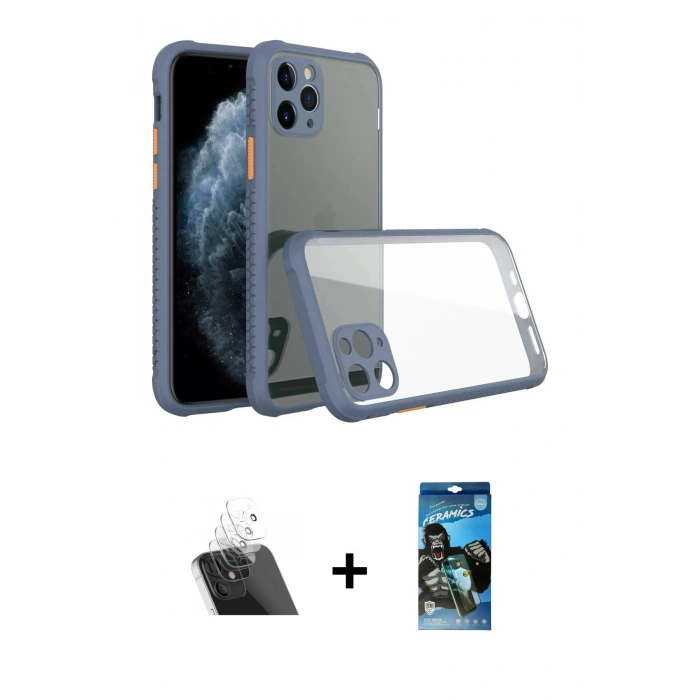 MARSİLYAN™- iPhone 11 Pro Kılıf Nova Asil Özel Seri - Siyah 34D Izgaralı Cam + Kamera Lens Koruma Cam - SF