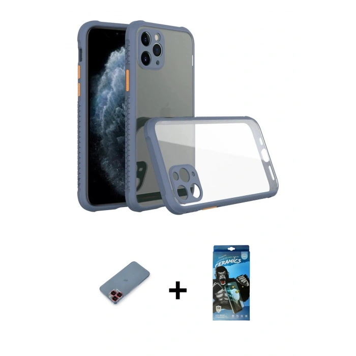 MARSİLYAN™- iPhone 11 Pro Kılıf Nova Asil Özel Seri - Siyah 34D Izgaralı Cam + Metal Kamera Lens Koruma Cam - KI