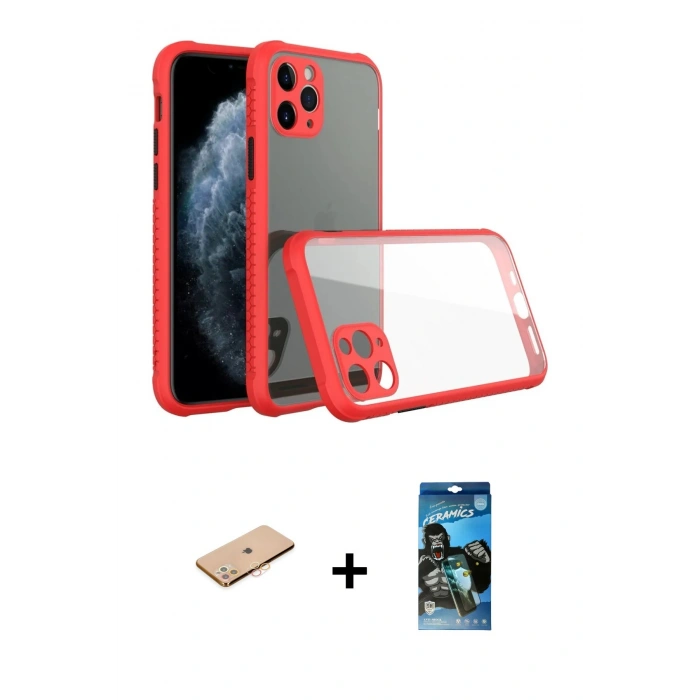 MARSİLYAN™- iPhone 11 Pro Kılıf Nova Asil Özel Seri - Siyah 34D Izgaralı Cam + Renkli Kamera Lens Koruma Cam - TU