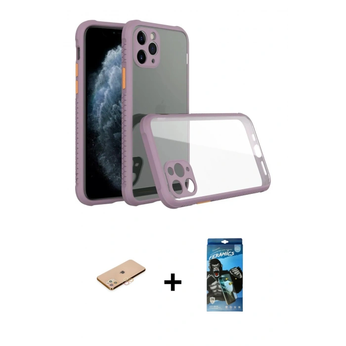 MARSİLYAN™- iPhone 11 Pro Kılıf Nova Asil Özel Seri - Siyah 34D Izgaralı Cam + Renkli Kamera Lens Koruma Cam - TU