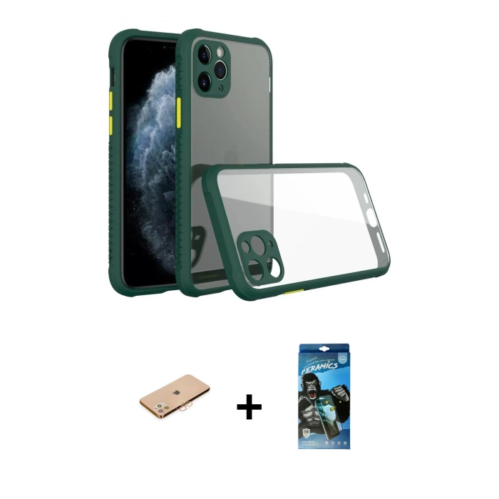 MARSİLYAN™- iPhone 11 Pro Kılıf Nova Asil Özel Seri - Siyah 34D Izgaralı Cam + Renkli Kamera Lens Koruma Cam - TU